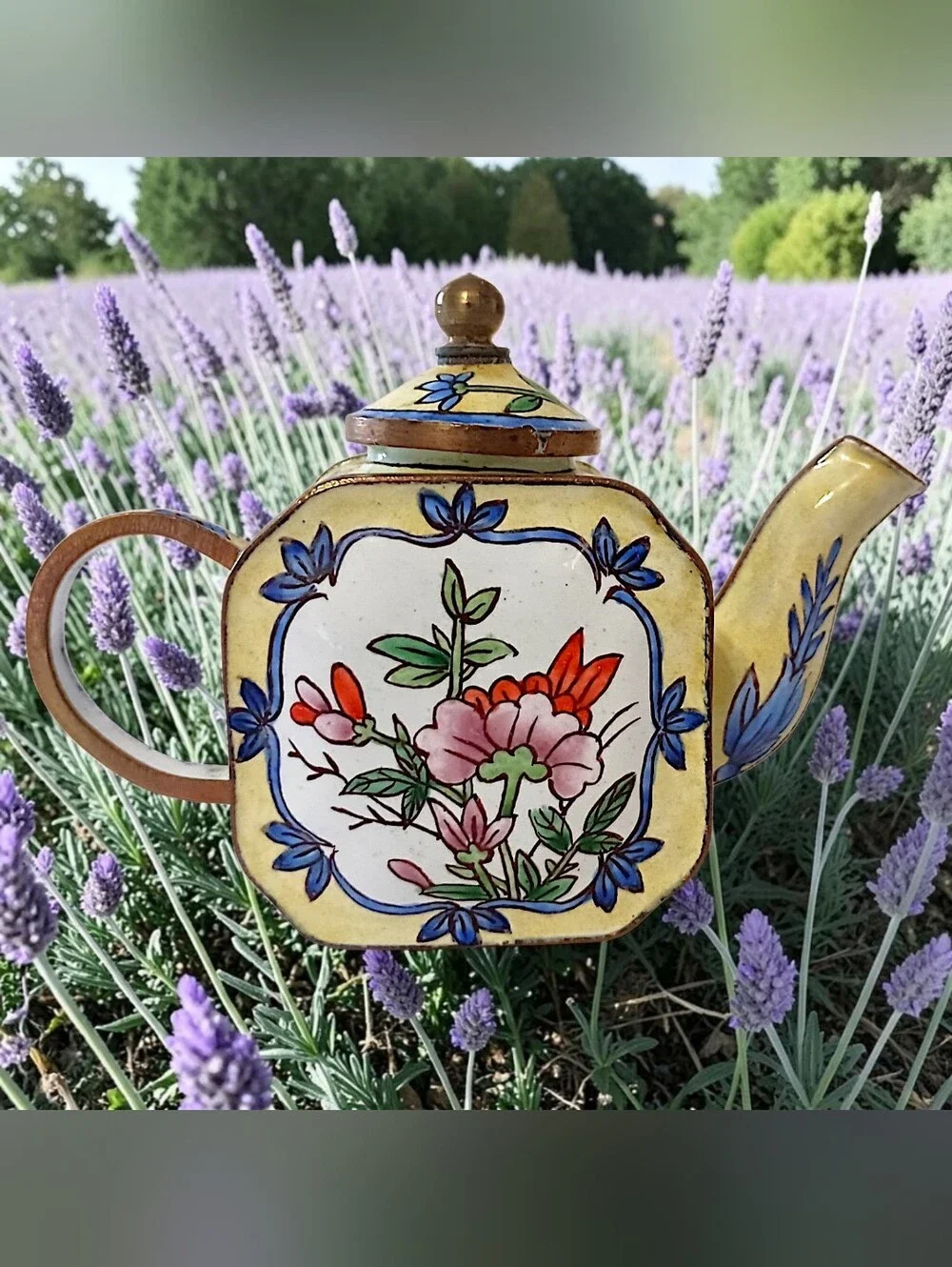 Vtg MINI Enameled Floral Teapot Chinoiserie Cloisonne Bloomcore Cottage Diorama